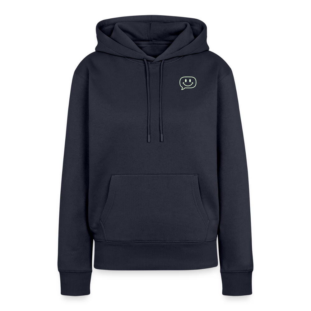 Design Hoodie „Seid lieb zueinander“ für Damen aus Bio-Baumwolle, Farbe: navy-blau – Dankfabrik.