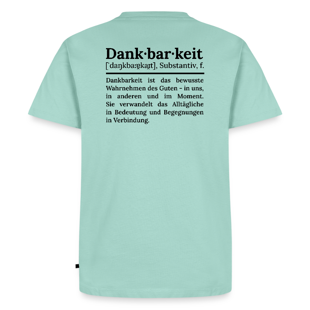 Design T-Shirt „Dankbarkeit“ für Herren aus Bio-Baumwolle, Farbe: türkis – Dankfabrik.