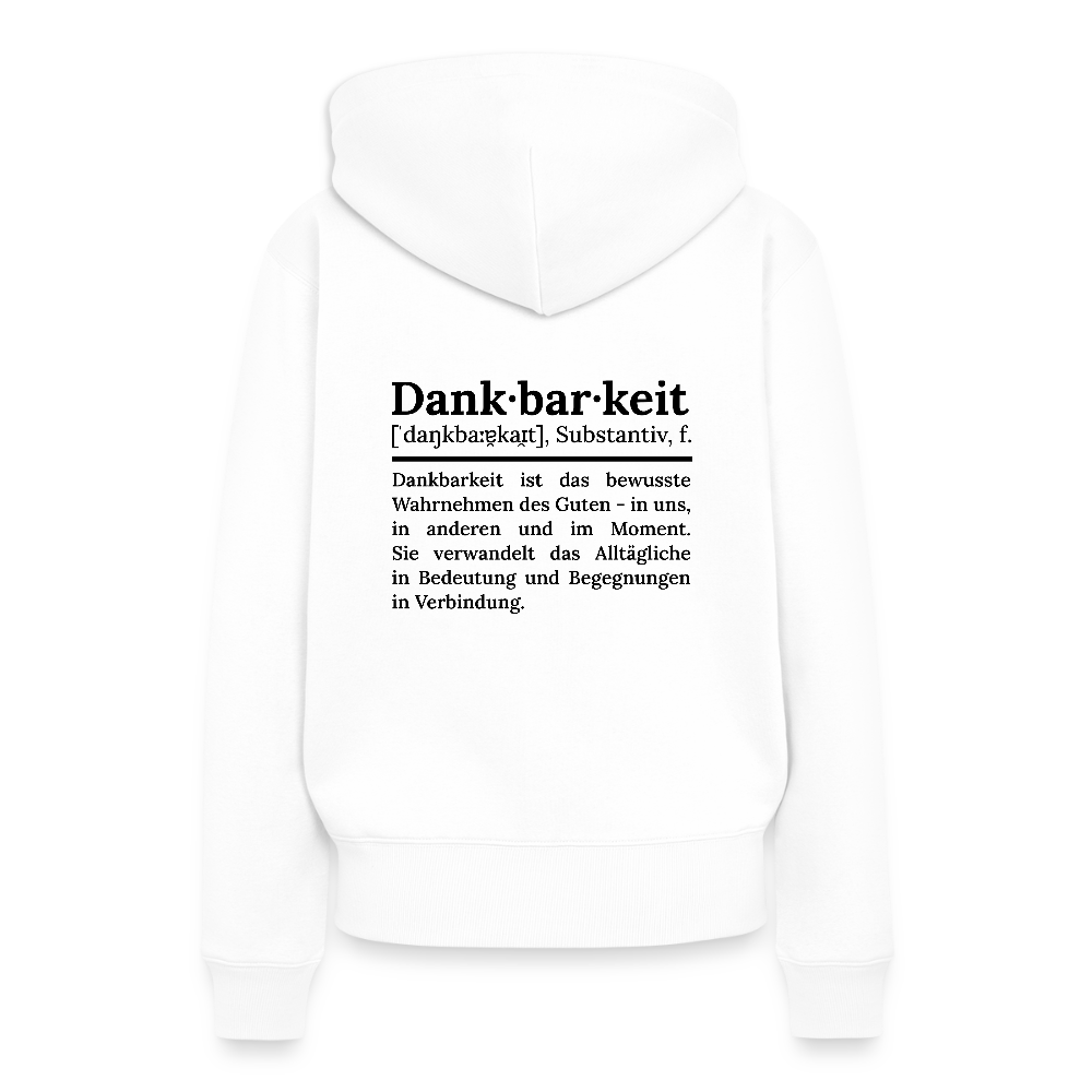Design-Hoodie „Dankbarkeit“ für Damen aus Bio-Baumwolle, Farbe: weiß  – Dankfabrik.