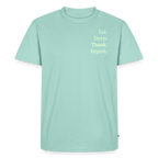 Design T-Shirt „Eat. Sleep. Thank. Repeat.“ für Herren aus Bio-Baumwolle, Farbe: türkis - Dankfabrik.