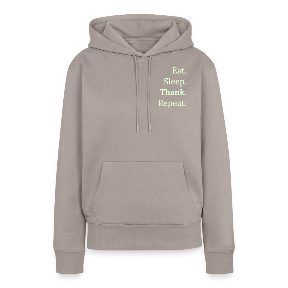 Design-Hoodie „Eat. Sleep. Thank. Repeat.“ für Damen aus Bio-Baumwolle, Farbe: beige - Dankfabrik.