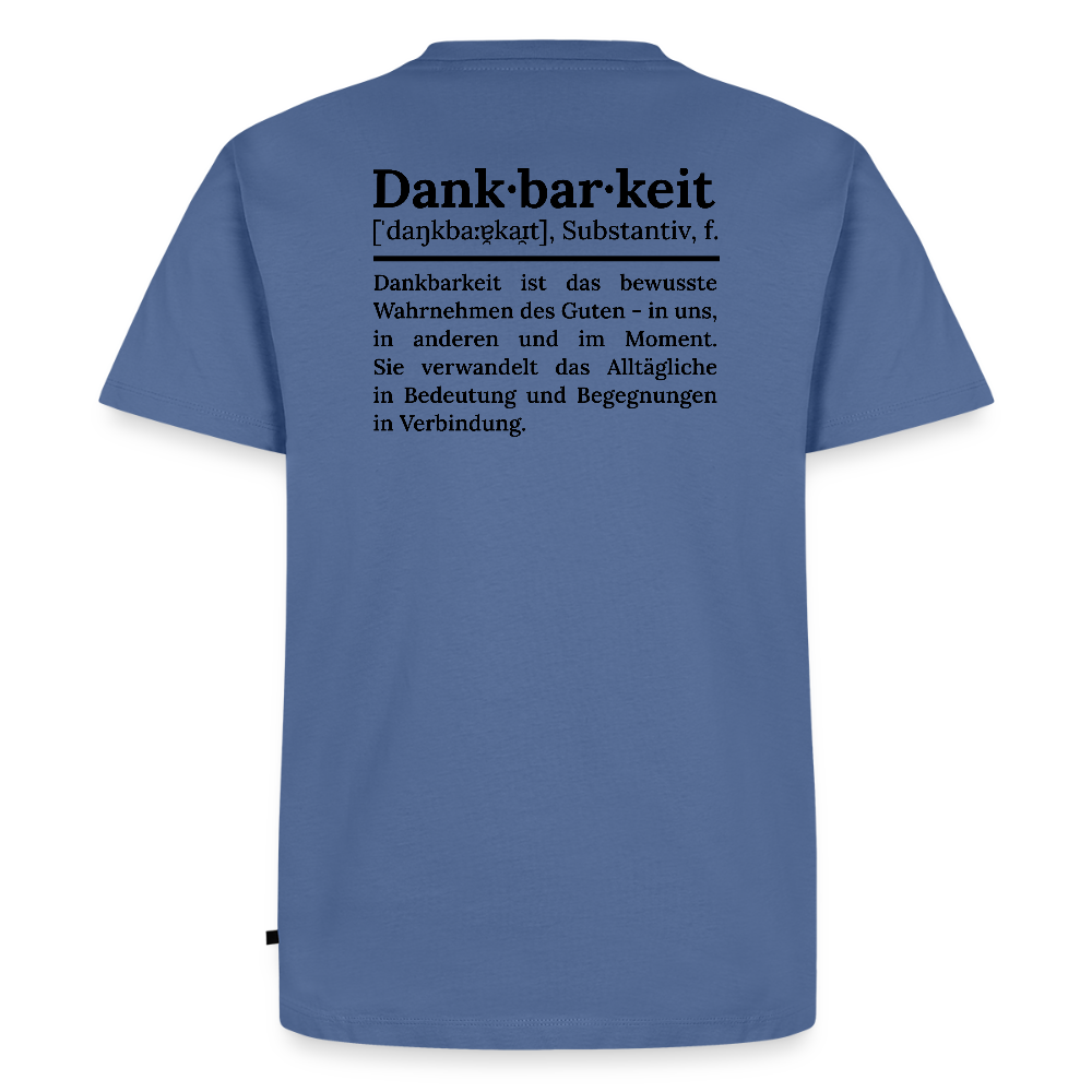 Design T-Shirt „Dankbarkeit“ für Herren aus Bio-Baumwolle, Farbe: blau – Dankfabrik.