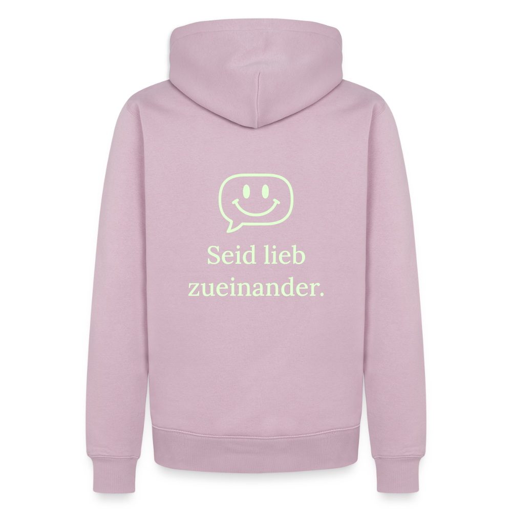 Design Hoodie „Seid lieb zueinander“ für Herren aus Bio-Baumwolle, Farbe: rosa – Dankfabrik.