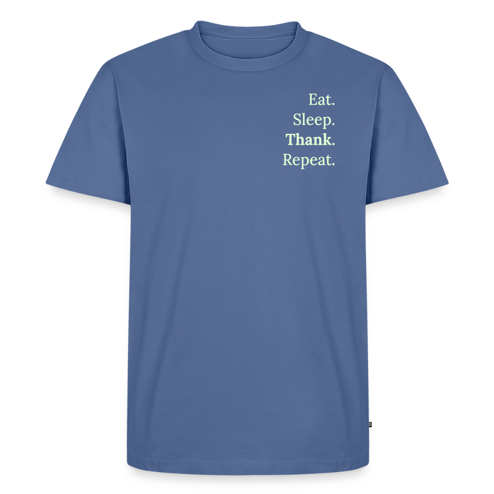 Design T-Shirt „Eat. Sleep. Thank. Repeat.“ für Herren aus Bio-Baumwolle, Farbe: blau - Dankfabrik.