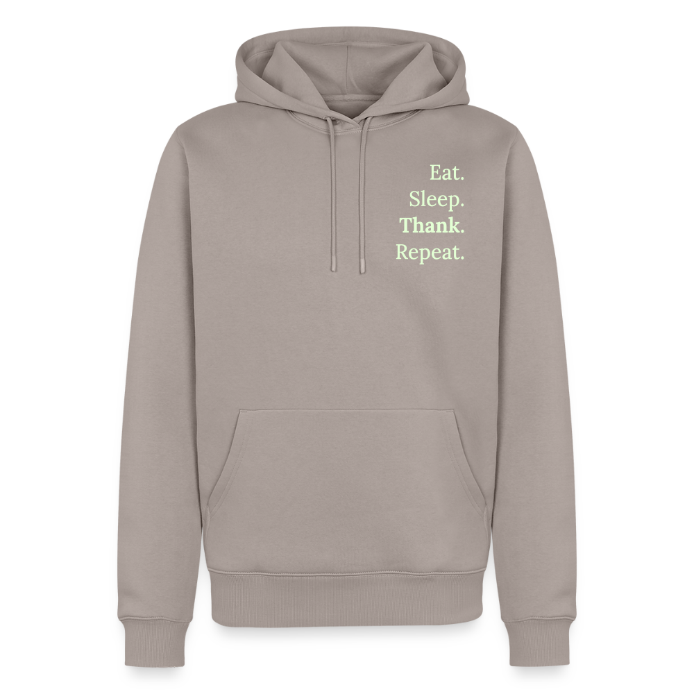 Design-Hoodie „Eat. Sleep. Thank. Repeat.“ für Herren aus Bio-Baumwolle, Farbe: taube - Dankfabrik.