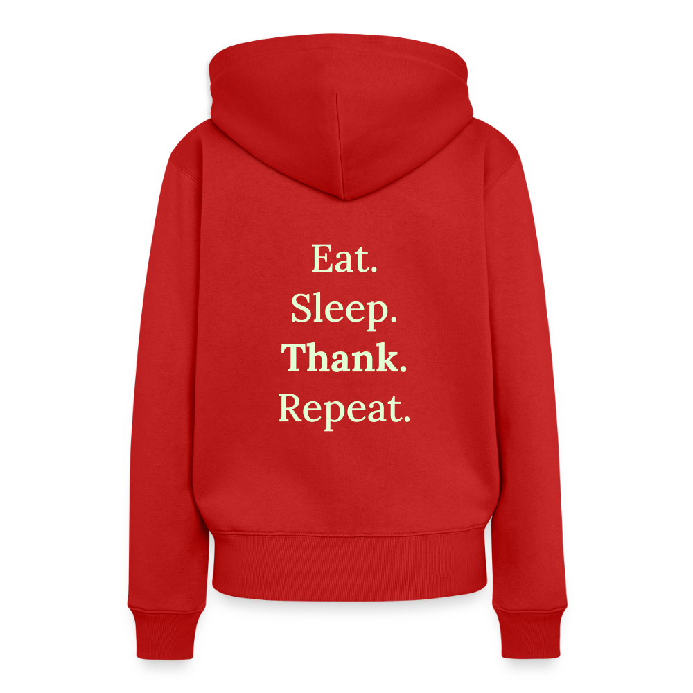 Design-Hoodie „Eat. Sleep. Thank. Repeat.“ für Damen aus Bio-Baumwolle, Farbe: rot - Dankfabrik.