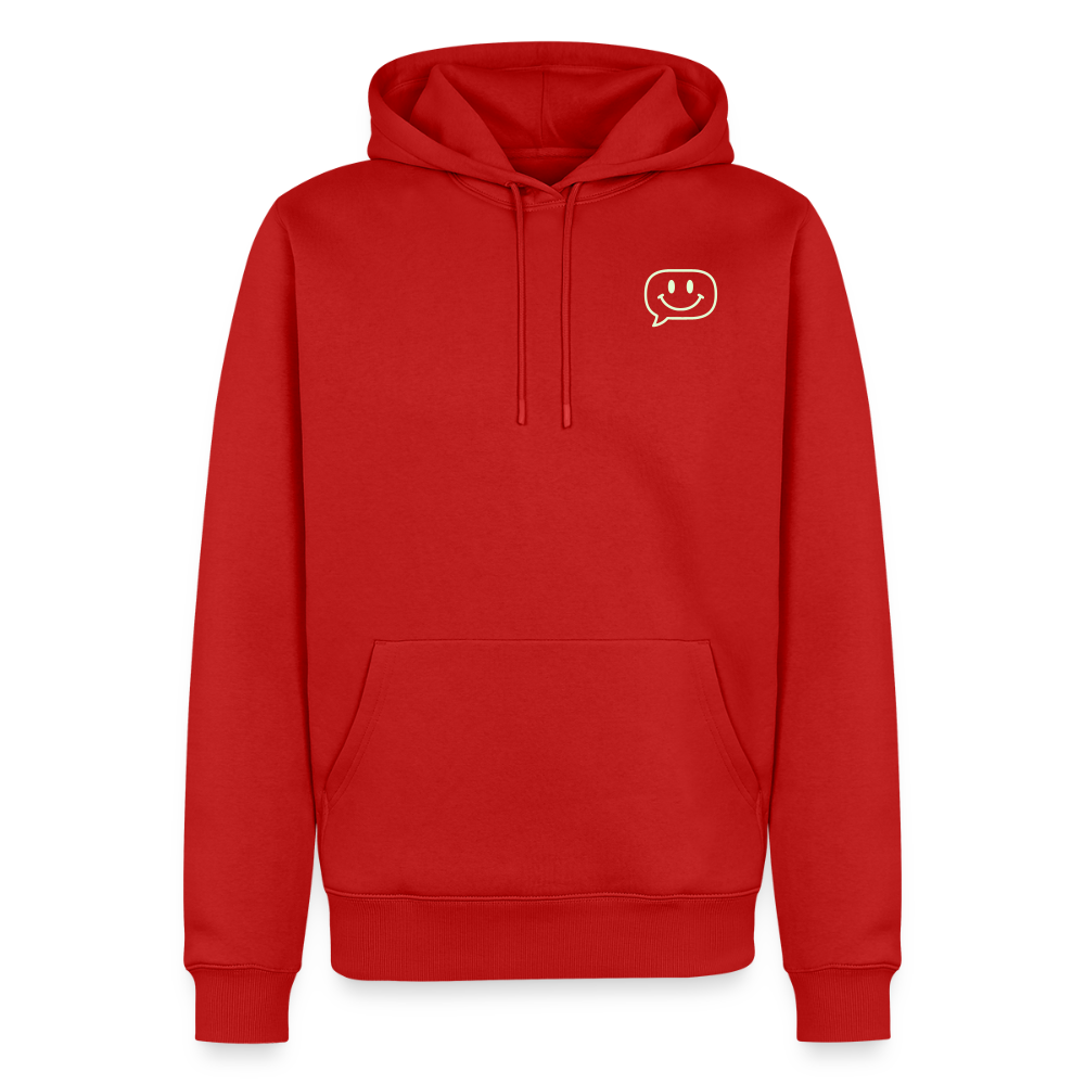 Design Hoodie „Seid lieb zueinander“ für Herren aus Bio-Baumwolle, Farbe: rot – Dankfabrik.