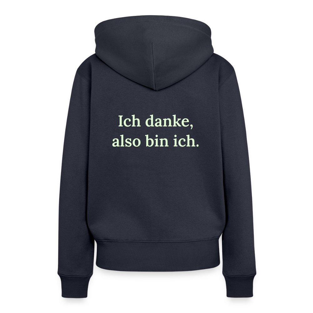 Design-Hoodie „Ich danke, also bin ich“ für Damen aus Bio-Baumwolle, Farbe: navy-blau – Dankfabrik.
