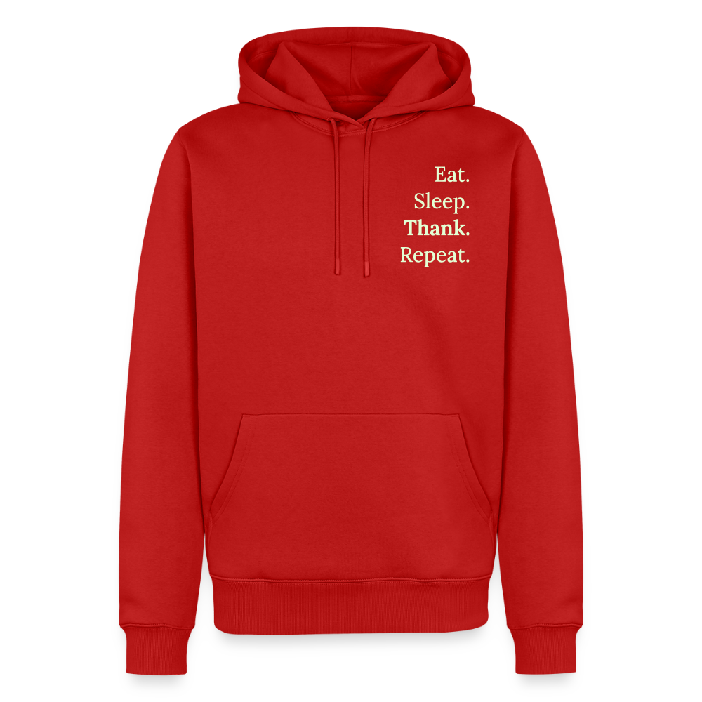 Design-Hoodie „Eat. Sleep. Thank. Repeat.“ für Herren aus Bio-Baumwolle, Farbe: rot - Dankfabrik.