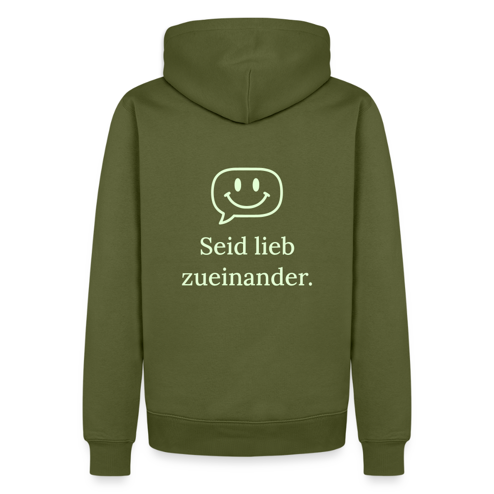 Design Hoodie „Seid lieb zueinander“ für Herren aus Bio-Baumwolle, Farbe: khaki – Dankfabrik.