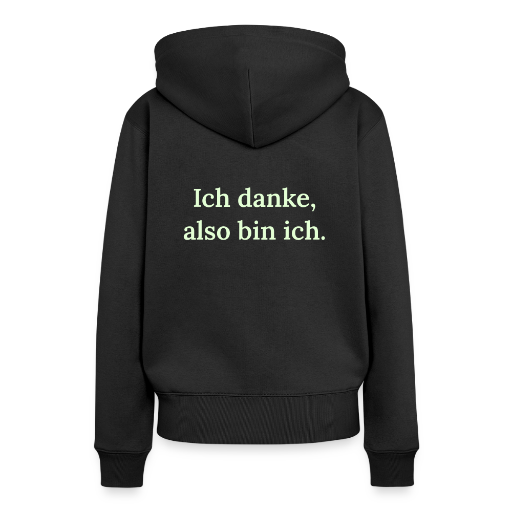 Design-Hoodie „Ich danke, also bin ich“ für Damen aus Bio-Baumwolle, Farbe: schwarz – Dankfabrik.