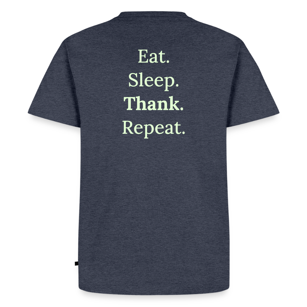 Design T-Shirt „Eat. Sleep. Thank. Repeat.“ für Herren aus Bio-Baumwolle, Farbe: blau - Dankfabrik.