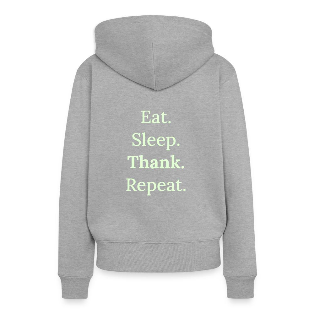 Design-Hoodie „Eat. Sleep. Thank. Repeat.“ für Damen aus Bio-Baumwolle, Farbe: grau - Dankfabrik.