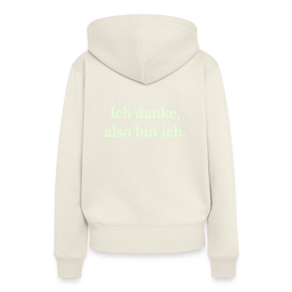 Design-Hoodie „Ich danke, also bin ich“ für Damen aus Bio-Baumwolle, Farbe: weiß – Dankfabrik.