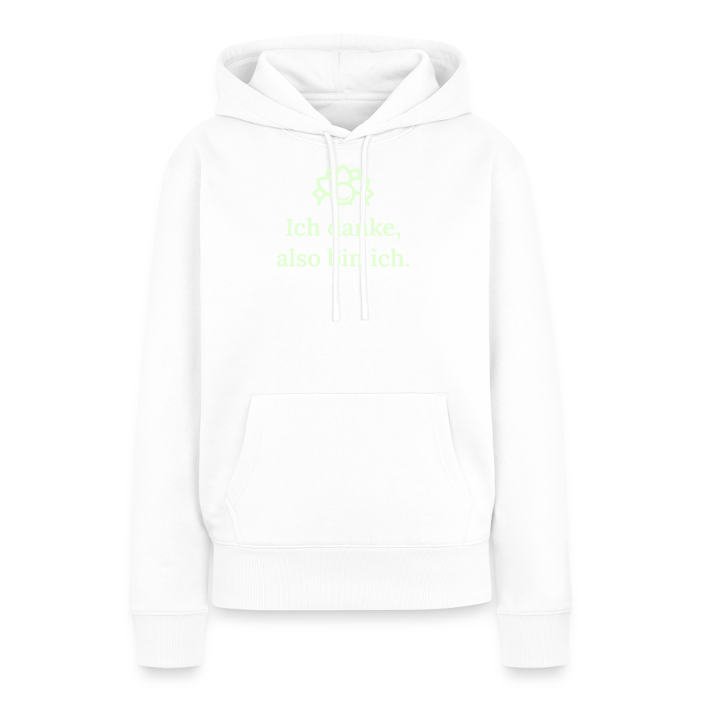 Design-Hoodie „Ich danke, also bin ich“ für Damen aus Bio-Baumwolle, leuchtende Farbe: weiß – Dankfabrik.