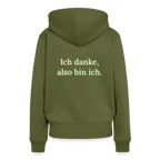Design-Hoodie „Ich danke, also bin ich“ für Damen aus Bio-Baumwolle, Farbe: khaki – Dankfabrik.