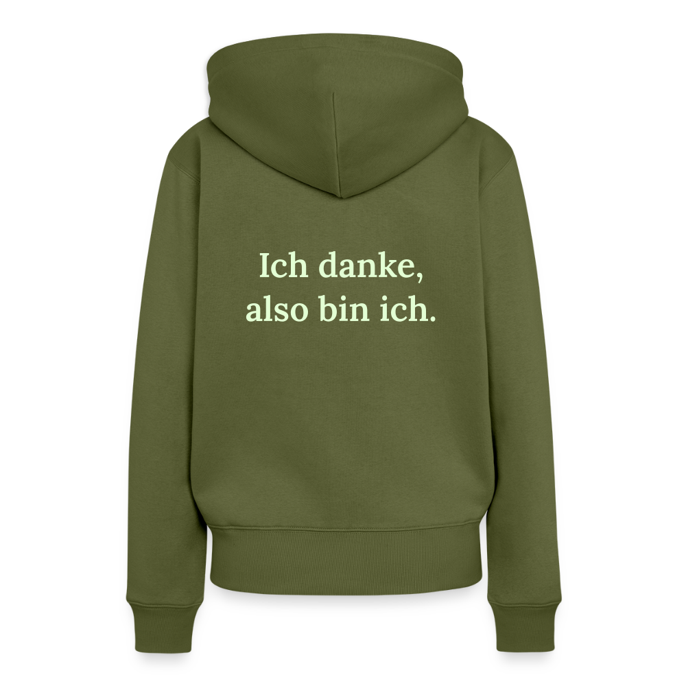 Design-Hoodie „Ich danke, also bin ich“ für Damen aus Bio-Baumwolle, Farbe: khaki – Dankfabrik.