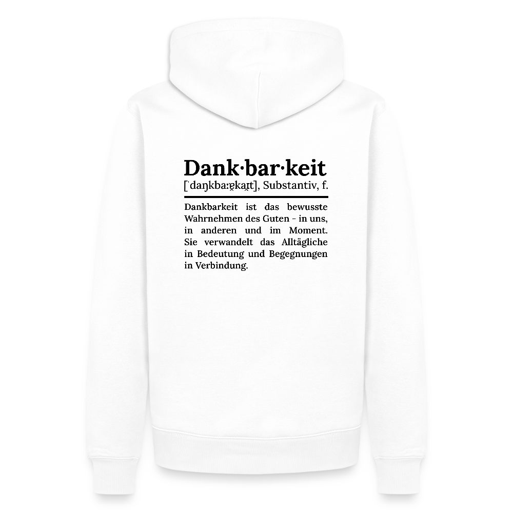 Design-Hoodie „Dankbarkeit“ für Herren aus Bio-Baumwolle, Farbe: weiß – Dankfabrik.