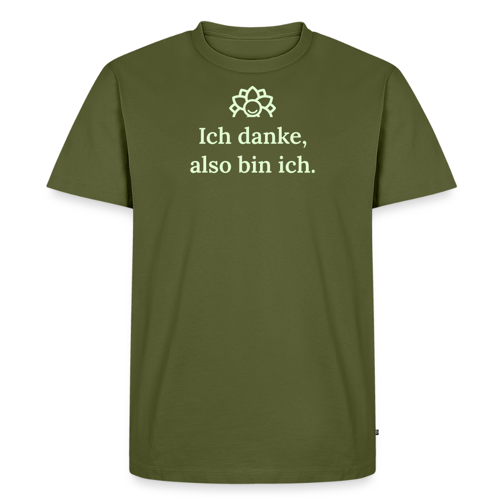 Design T-Shirt „Ich danke, also bin ich“ für Herren aus Bio-Baumwolle, leuchtende Farbe: khaki – Dankfabrik.
