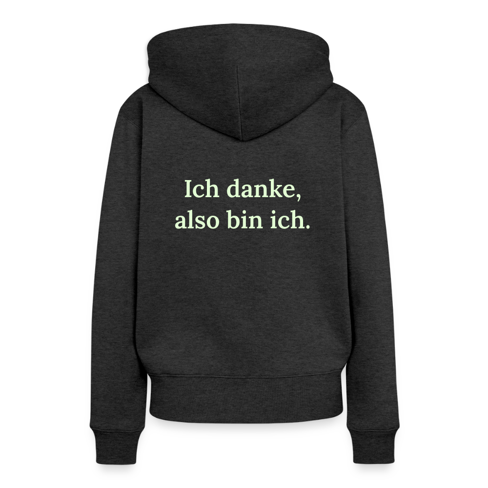 Design-Hoodie „Ich danke, also bin ich“ für Damen aus Bio-Baumwolle, Farbe: anthrazit – Dankfabrik.