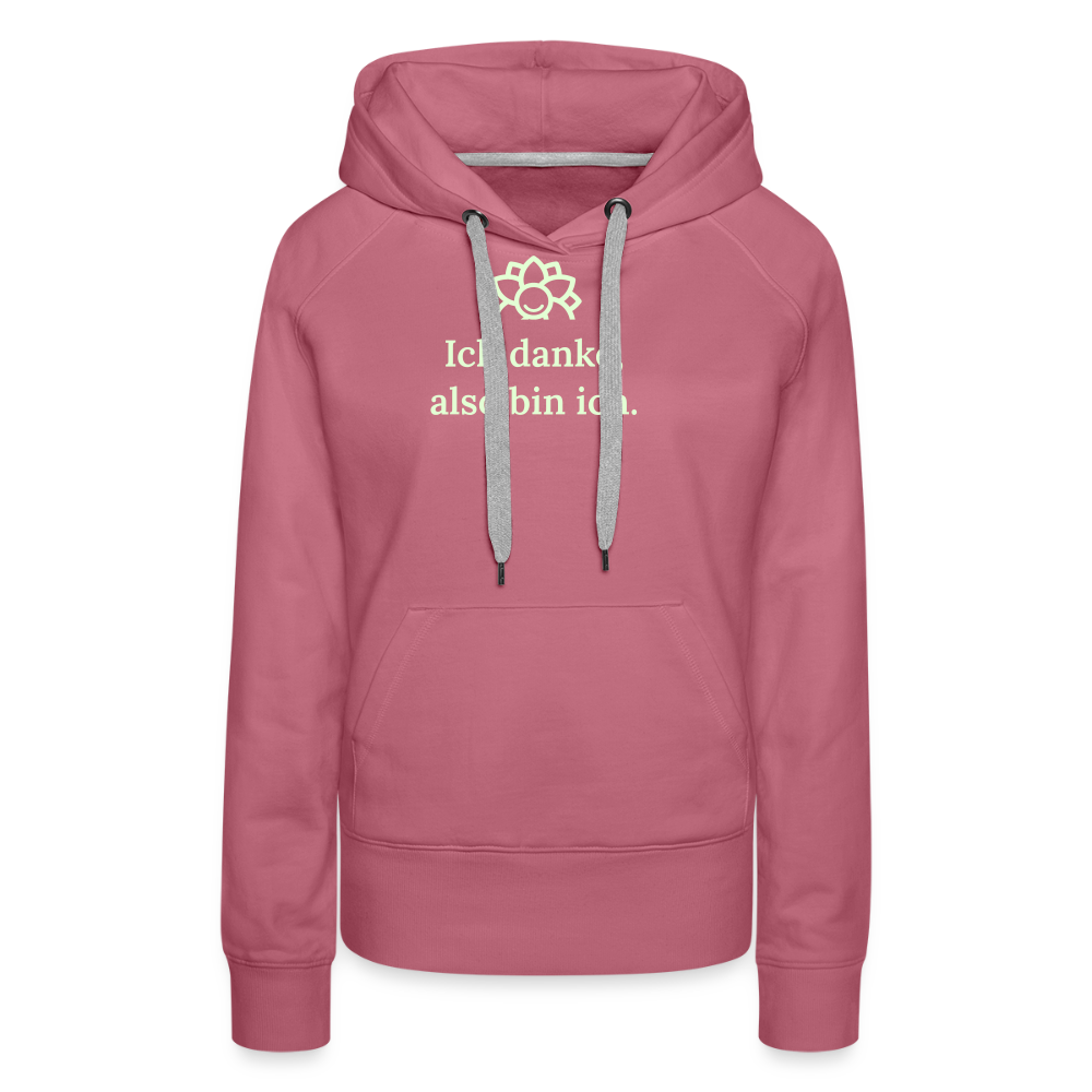 Design-Hoodie „Ich danke, also bin ich“ für Damen aus Bio-Baumwolle, leuchtende Farbe: rosa – Dankfabrik.