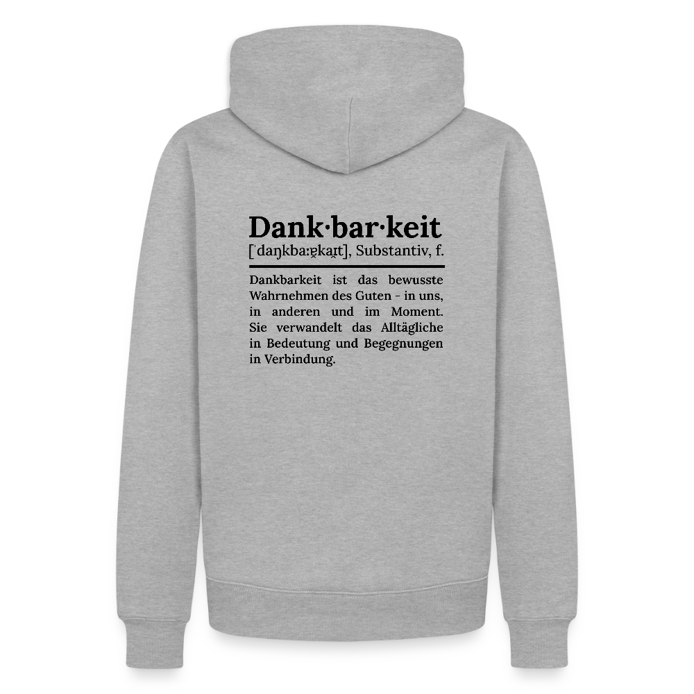 Design-Hoodie „Dankbarkeit“ für Herren aus Bio-Baumwolle, Farbe: grau meliert – Dankfabrik.