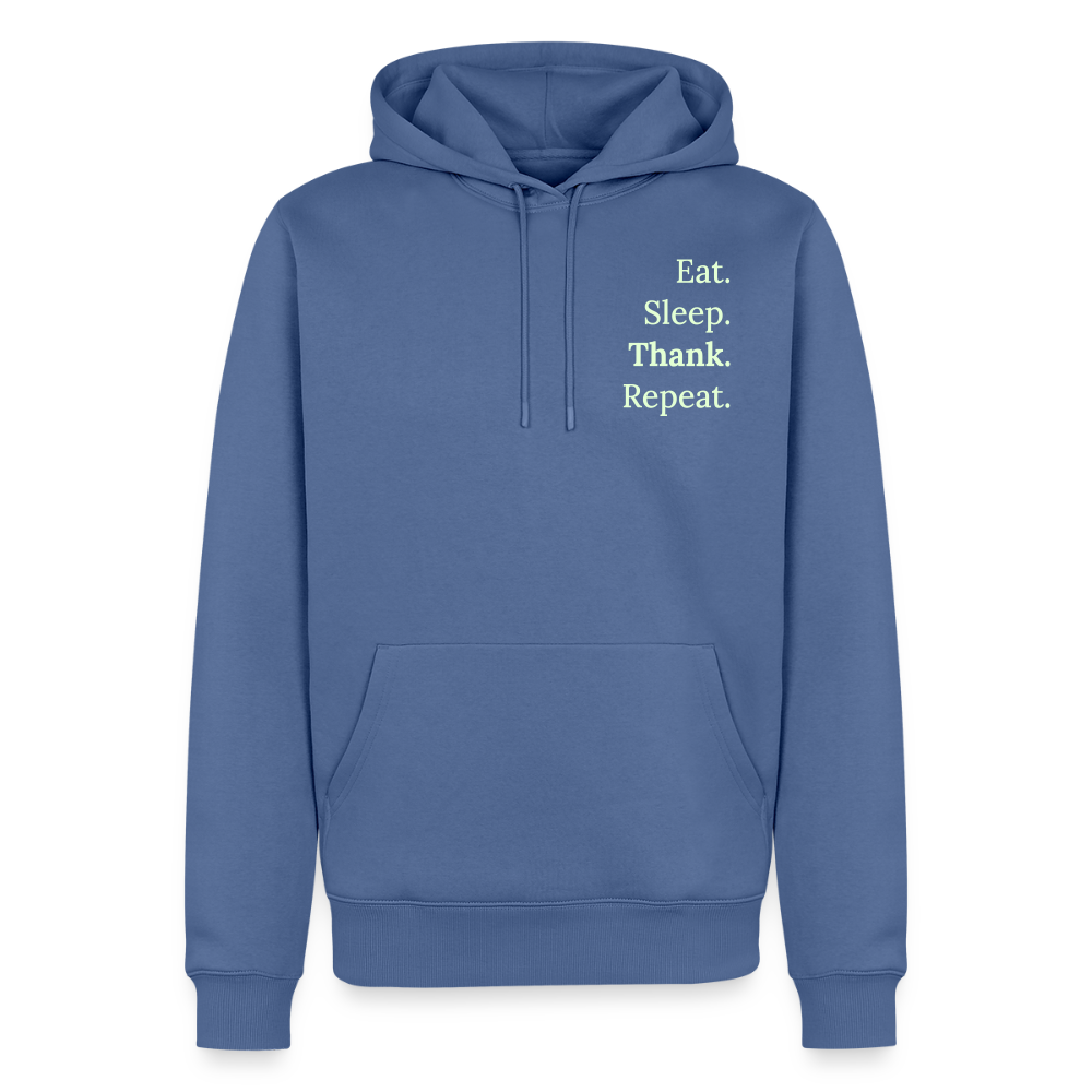 Design-Hoodie „Eat. Sleep. Thank. Repeat.“ für Herren aus Bio-Baumwolle, Farbe: blau - Dankfabrik.