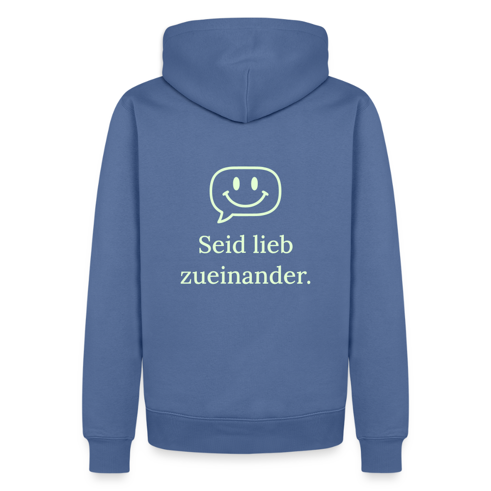 Design Hoodie „Seid lieb zueinander“ für Herren aus Bio-Baumwolle, Farbe: blau – Dankfabrik.