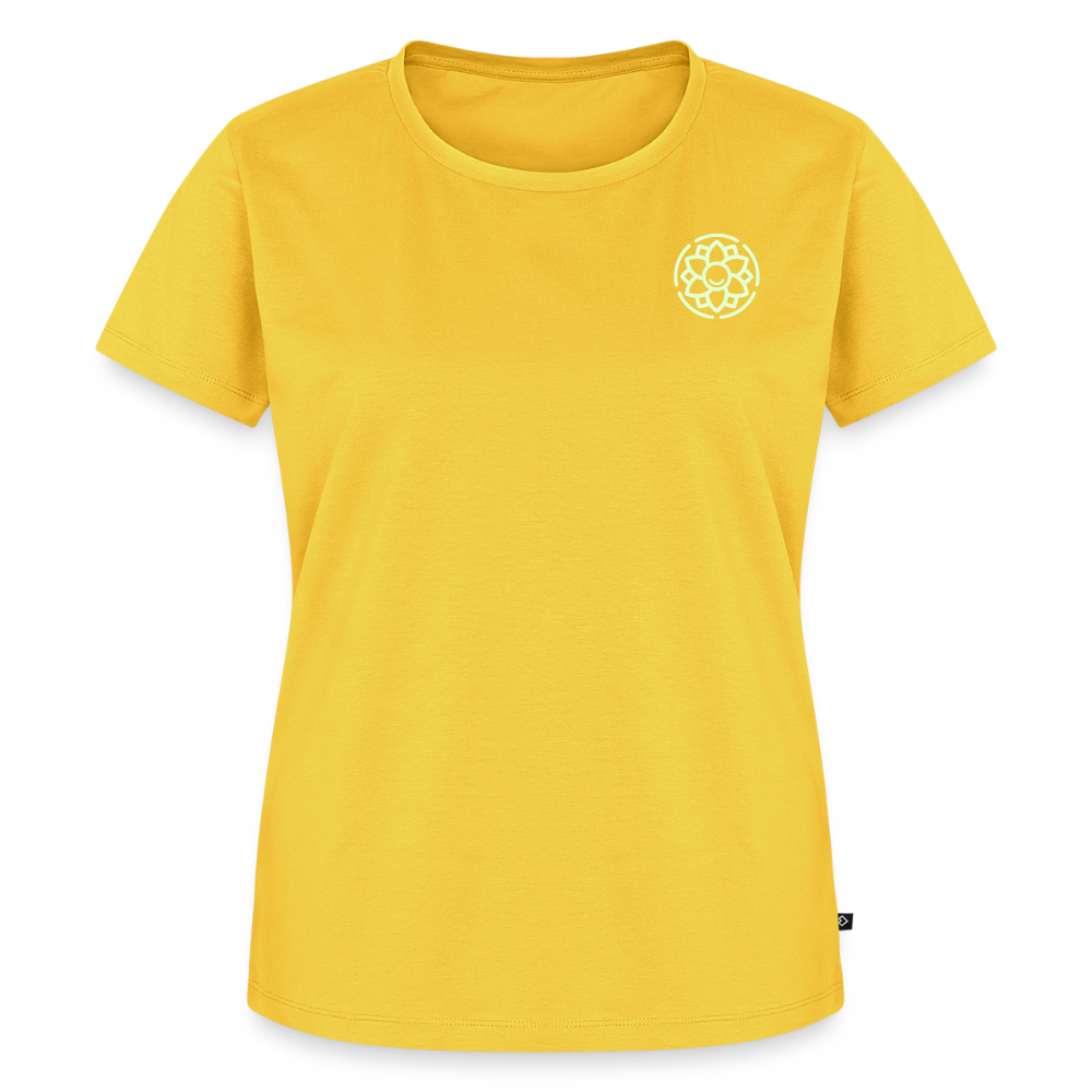 Design T-Shirt „Seid lieb zueinander“ für Damen aus Bio-Baumwolle, Farbe: gelb - Dankfabrik.