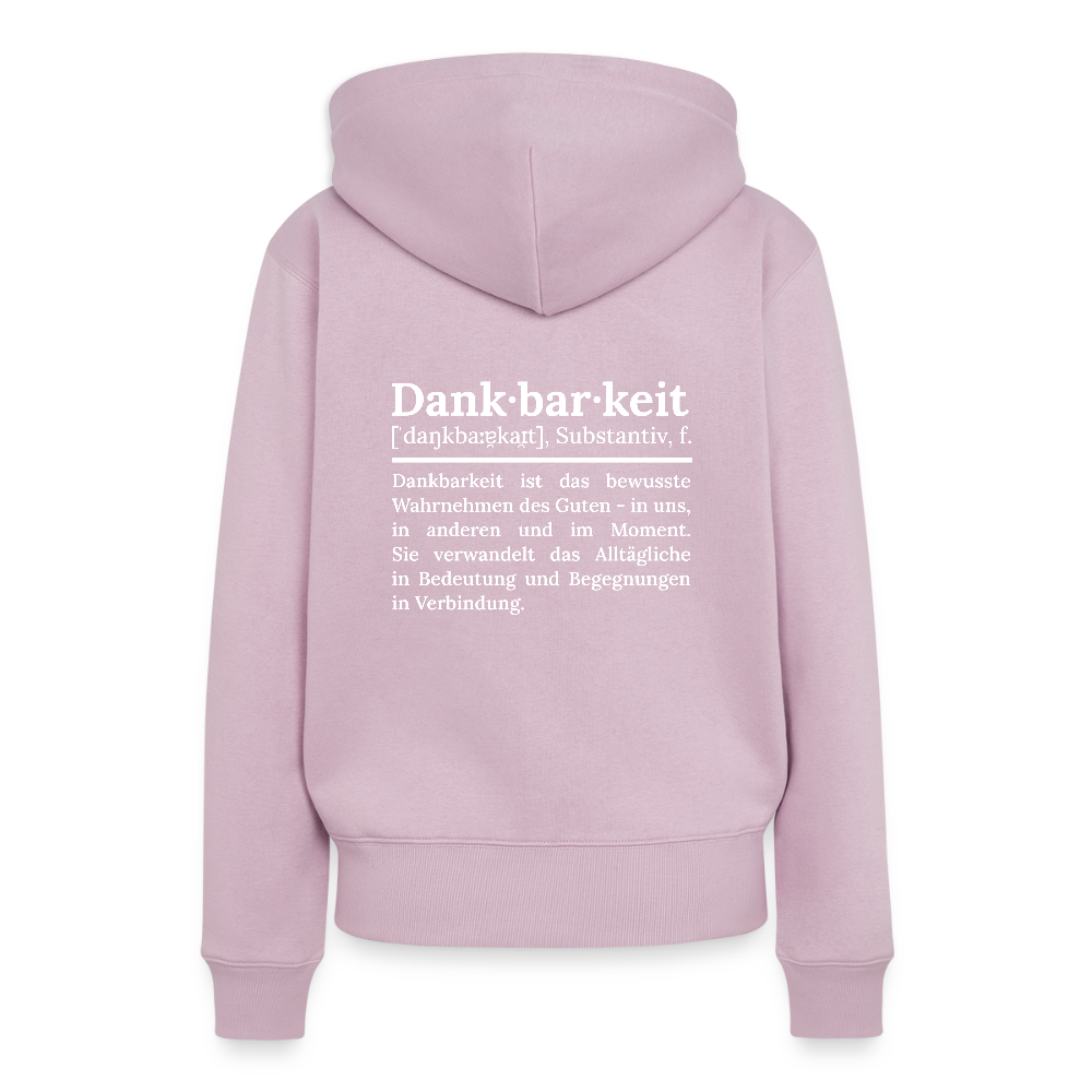 Design-Hoodie „Dankbarkeit“ für Damen aus Bio-Baumwolle, Farbe: rosa – Dankfabrik.