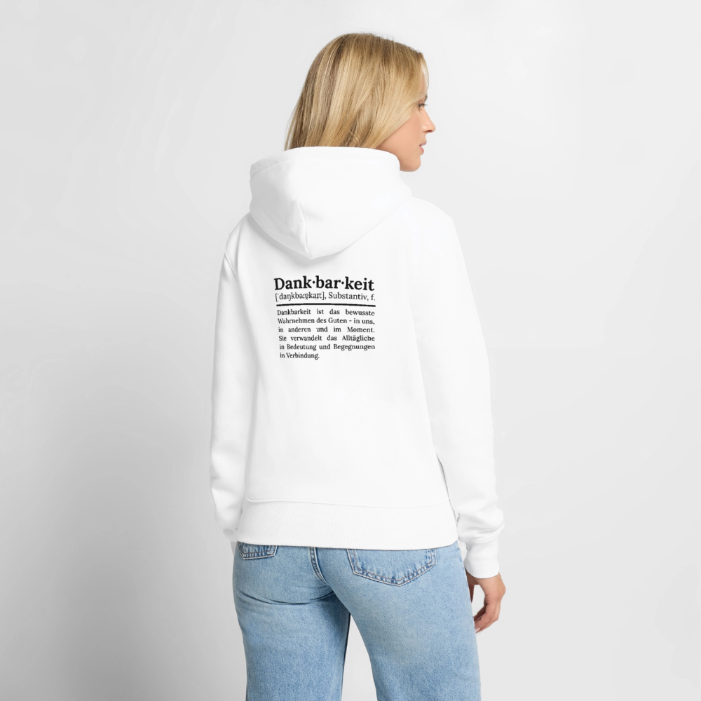 Getragener Design-Hoodie „Dankbarkeit“ für Damen aus Bio-Baumwolle, Farbe: weiß  – Dankfabrik.