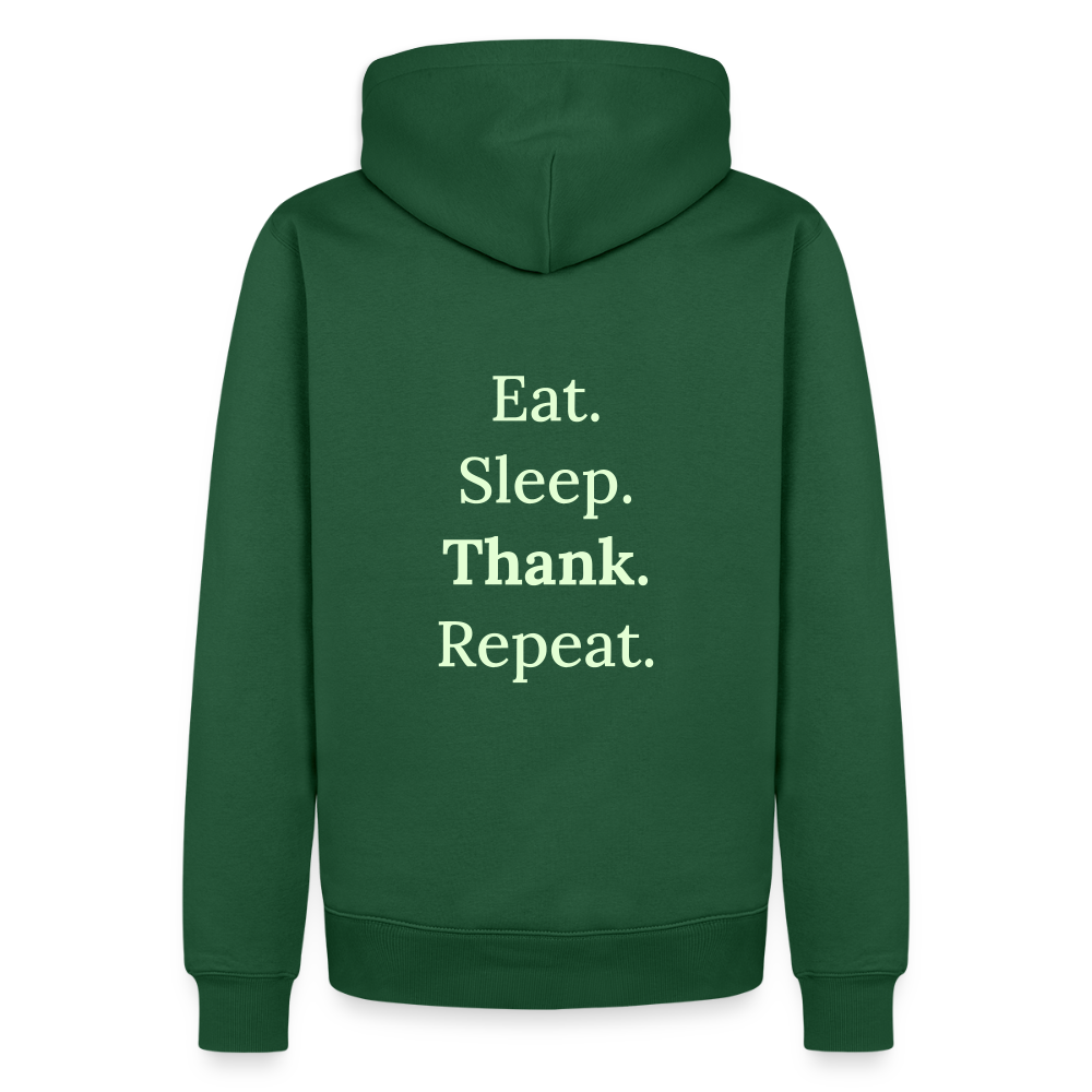 Design-Hoodie „Eat. Sleep. Thank. Repeat.“ für Herren aus Bio-Baumwolle, Farbe: grün - Dankfabrik.