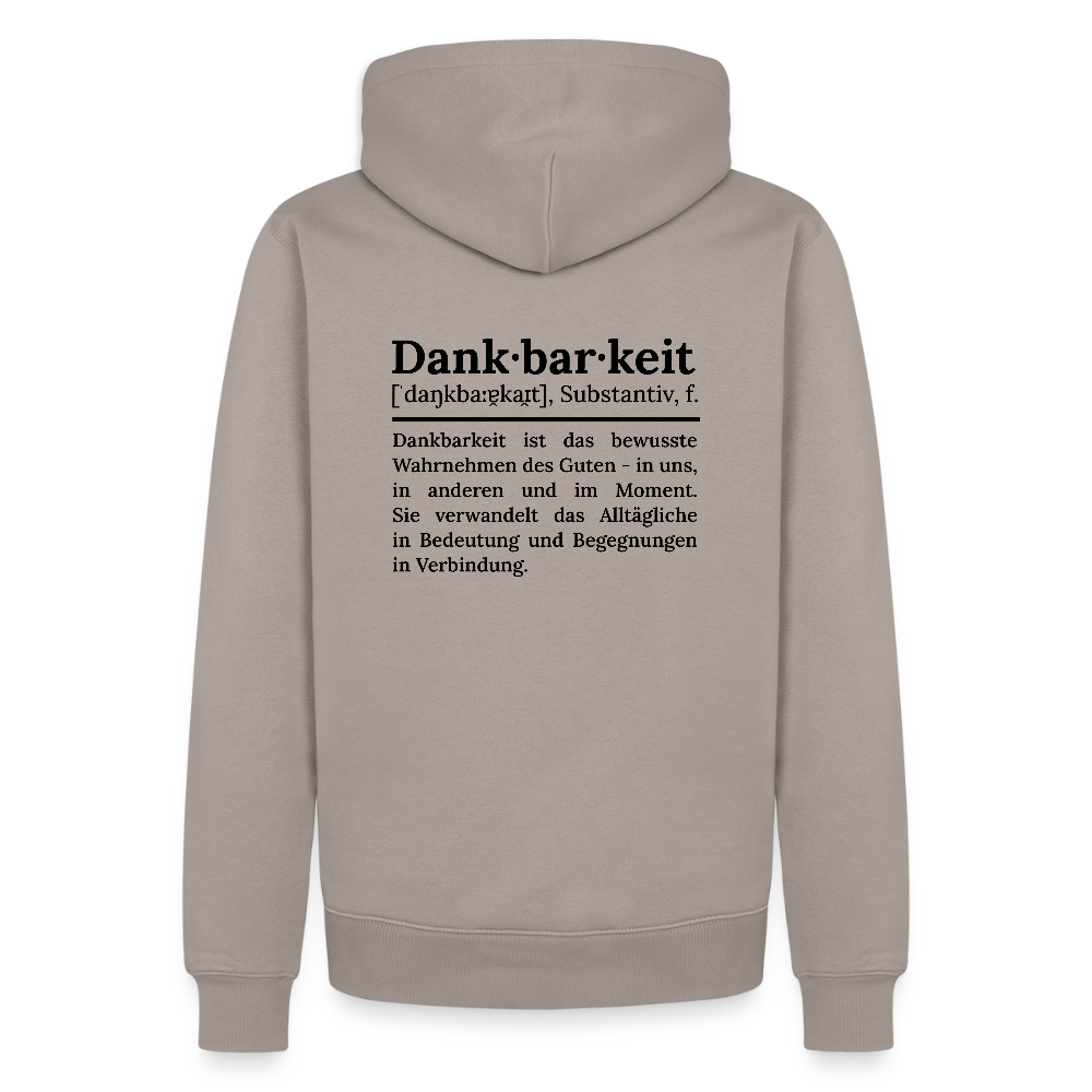Design-Hoodie „Dankbarkeit“ für Herren aus Bio-Baumwolle, Farbe: hellgrau – Dankfabrik.