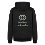Design Hoodie „Seid lieb zueinander“ für Herren aus Bio-Baumwolle, Farbe: schwarz – Dankfabrik.