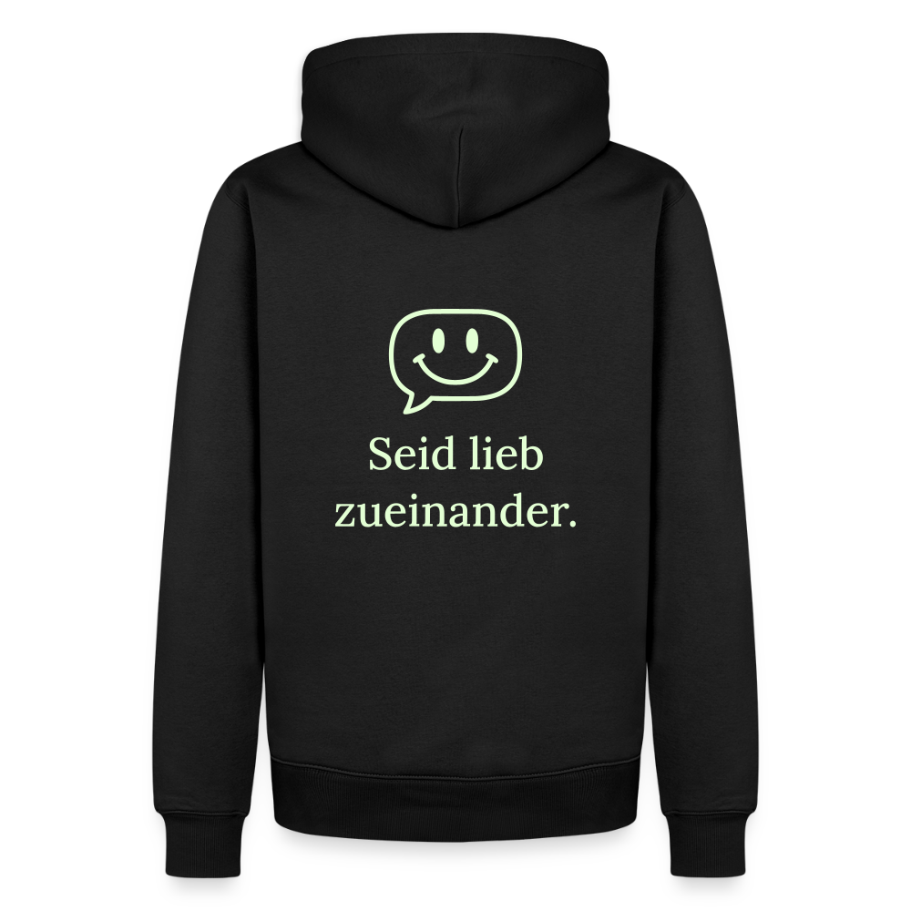 Design Hoodie „Seid lieb zueinander“ für Herren aus Bio-Baumwolle, Farbe: schwarz – Dankfabrik.