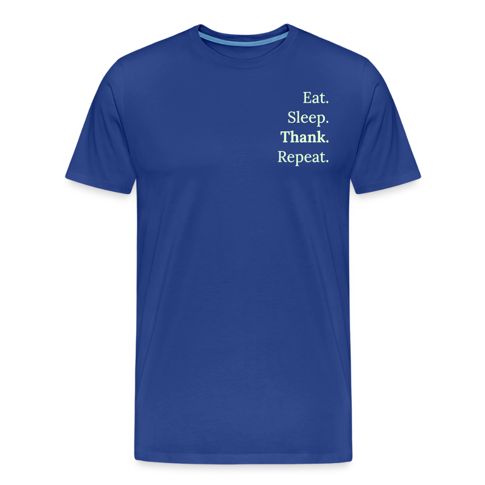 Design T-Shirt „Eat. Sleep. Thank. Repeat.“ für Herren aus Bio-Baumwolle, Farbe: blau - Dankfabrik.