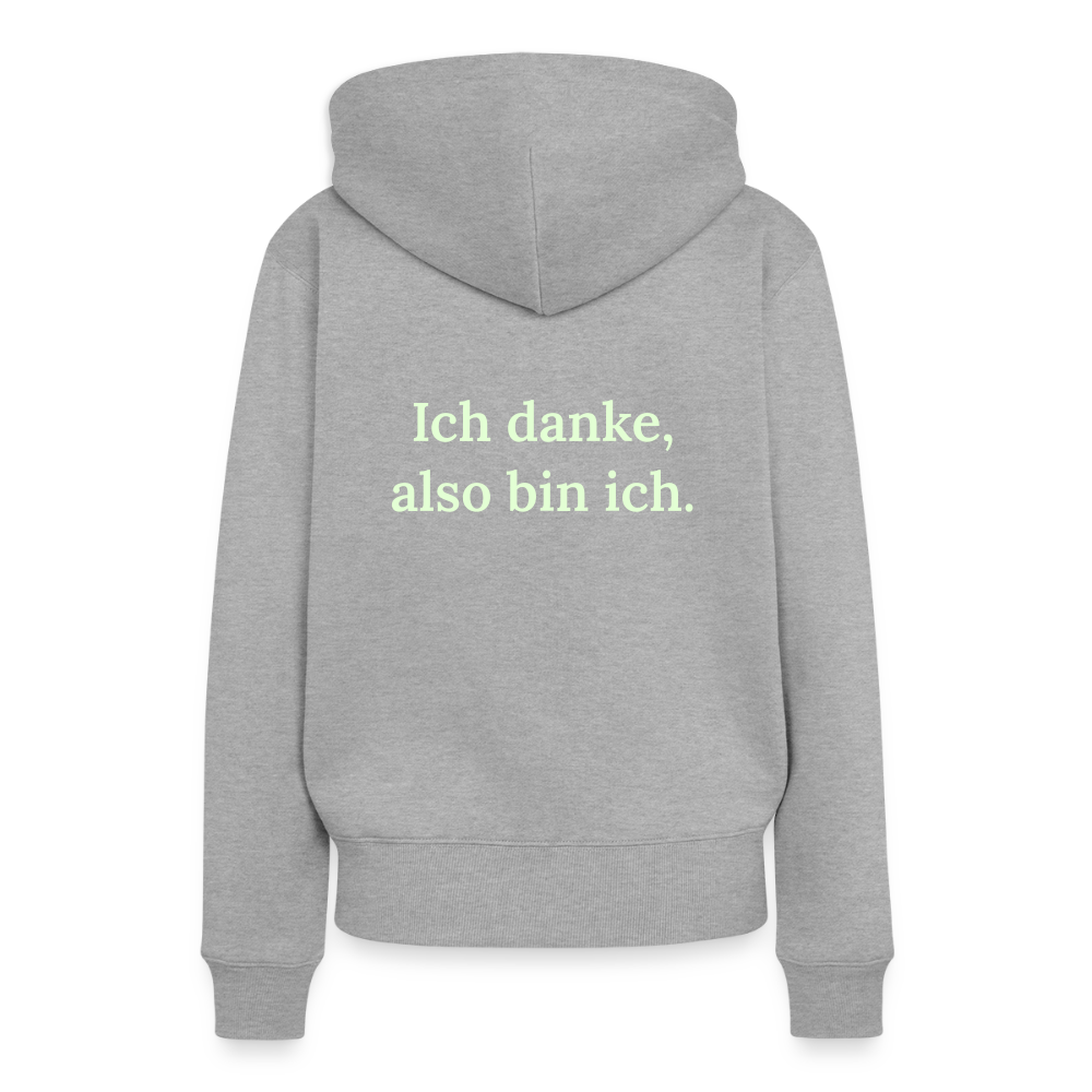 Design-Hoodie „Ich danke, also bin ich“ für Damen aus Bio-Baumwolle, Farbe: grau – Dankfabrik.
