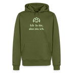 Design Hoodie „Ich danke, also bin ich“ für Herren aus Bio-Baumwolle, leuchtende Farbe: khaki – Dankfabrik.