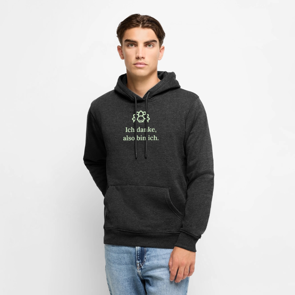 Getragener Design Hoodie „Ich danke, also bin ich“ für Herren aus Bio-Baumwolle, leuchtende Farbe: anthrazit – Dankfabrik.