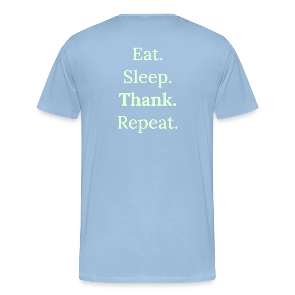 Design T-Shirt „Eat. Sleep. Thank. Repeat.“ für Herren aus Bio-Baumwolle, Farbe: hellblau  - Dankfabrik.