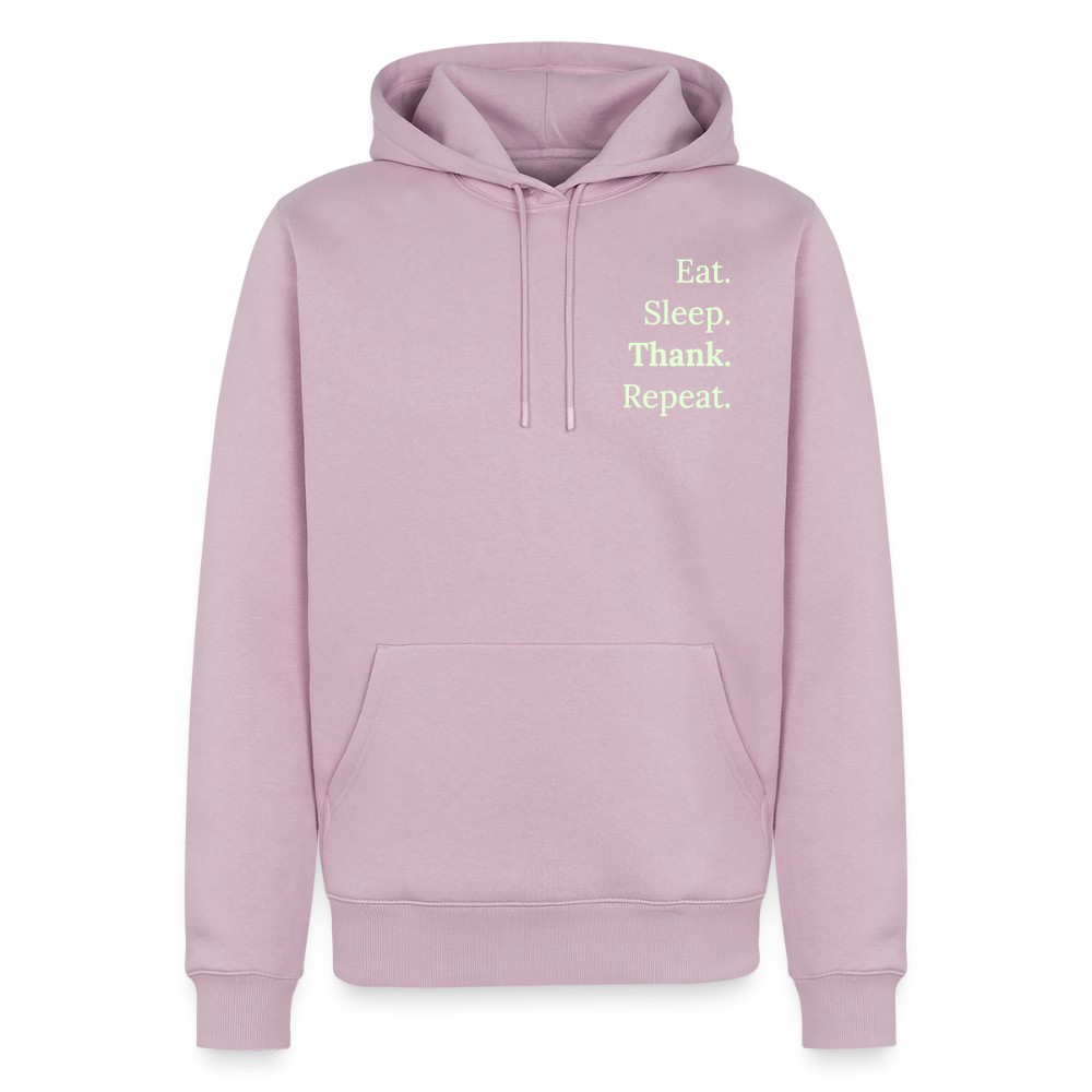 Design-Hoodie „Eat. Sleep. Thank. Repeat.“ für Herren aus Bio-Baumwolle, Farbe: rosa - Dankfabrik.