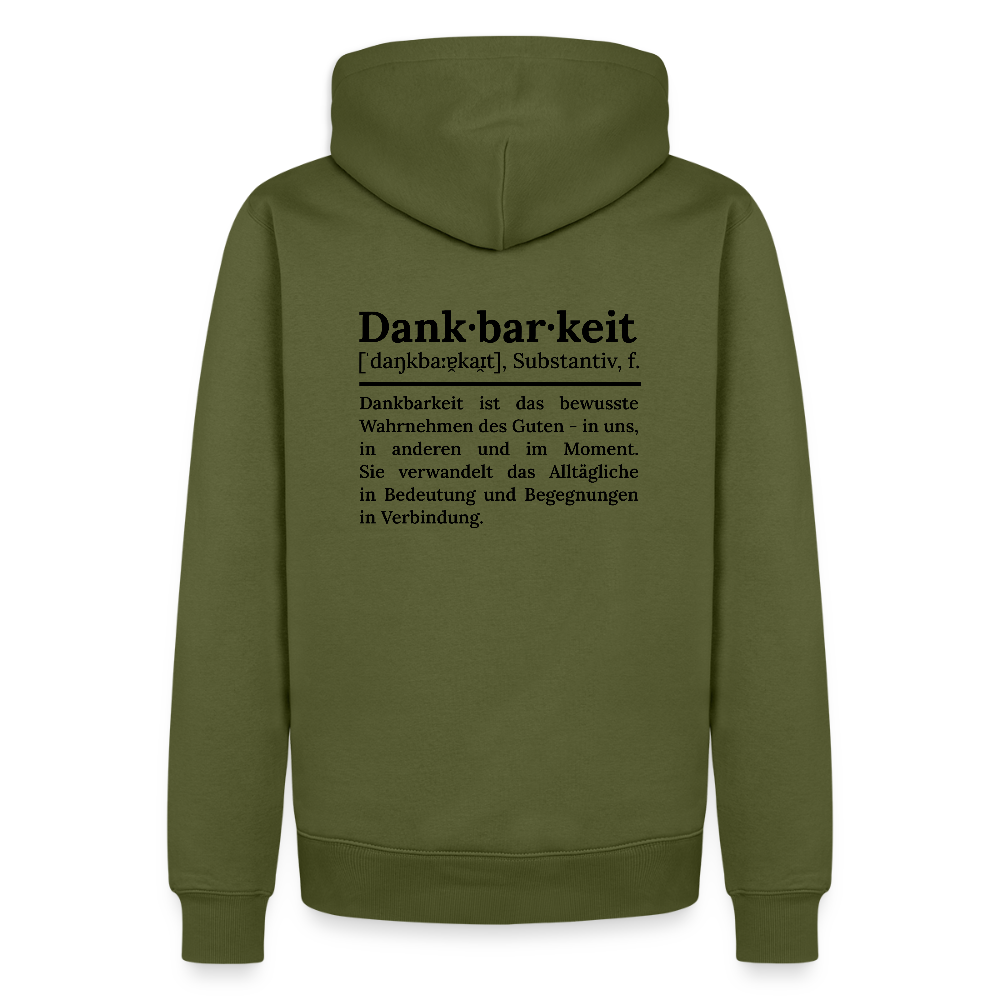Design-Hoodie „Dankbarkeit“ für Herren aus Bio-Baumwolle, Farbe: khaki – Dankfabrik.