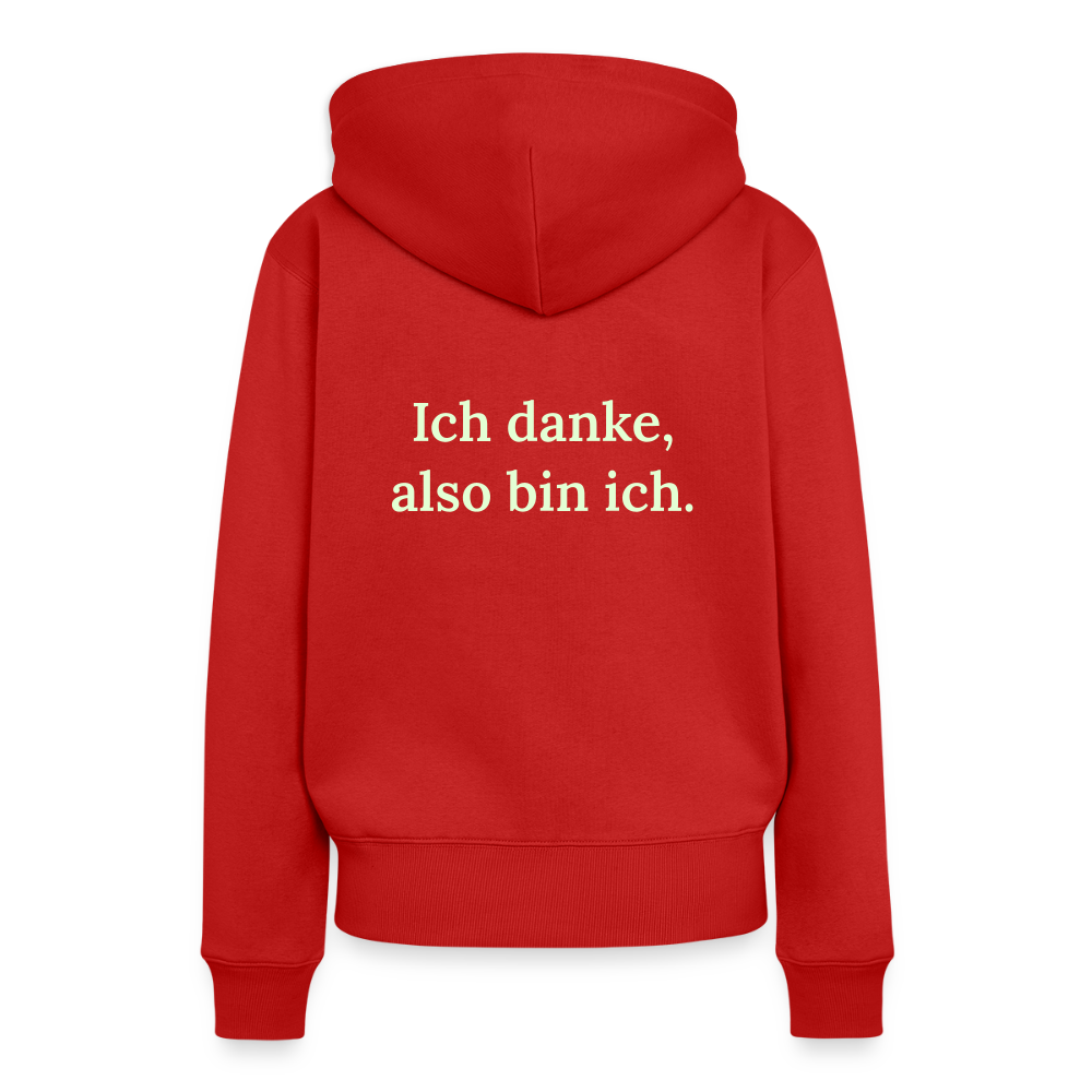 Design-Hoodie „Ich danke, also bin ich“ für Damen aus Bio-Baumwolle, Farbe: rot – Dankfabrik.