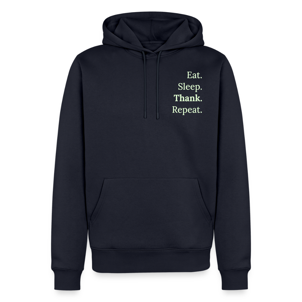 Design-Hoodie „Eat. Sleep. Thank. Repeat.“ für Herren aus Bio-Baumwolle, Farbe: navy-blau - Dankfabrik.