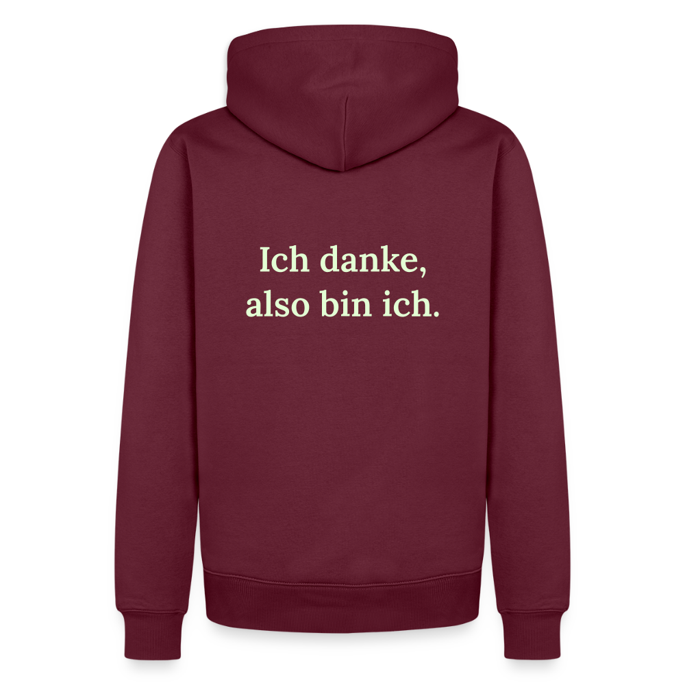 Design Hoodie „Ich danke, also bin ich“ für Herren aus Bio-Baumwolle, Farbe: burgunderrot – Dankfabrik.