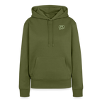 Design Hoodie „Seid lieb zueinander“ für Damen aus Bio-Baumwolle, Farbe: khaki – Dankfabrik.