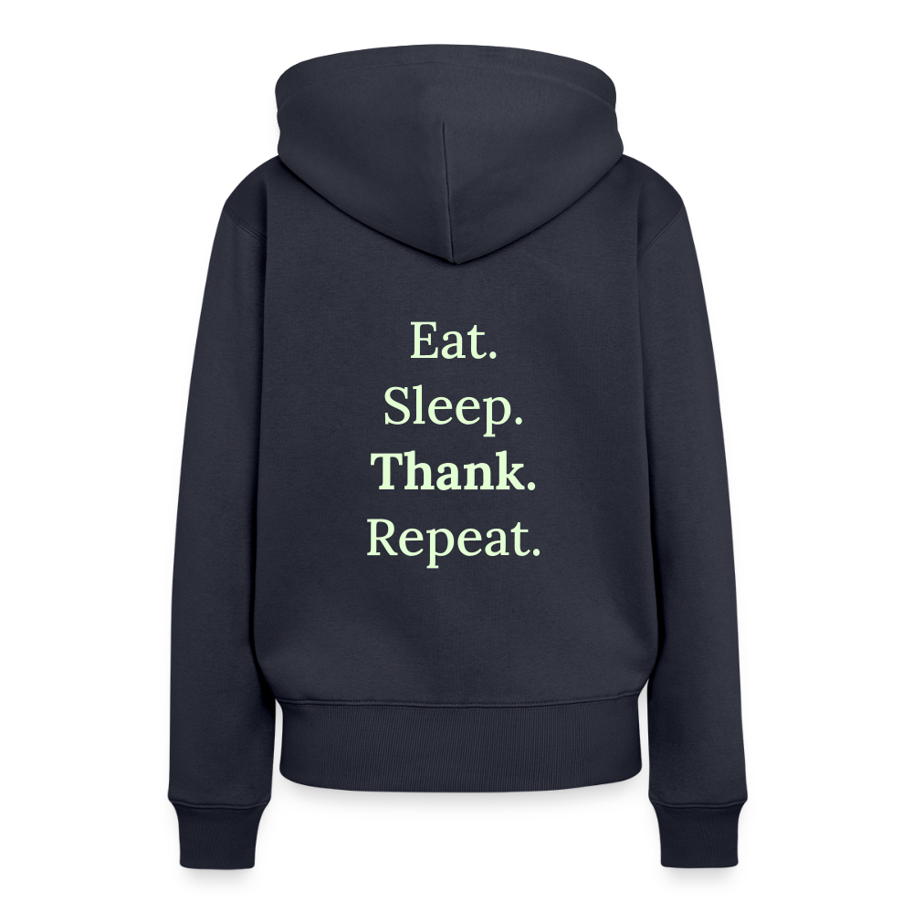 Design-Hoodie „Eat. Sleep. Thank. Repeat.“ für Damen aus Bio-Baumwolle, Farbe: navy-blau - Dankfabrik.