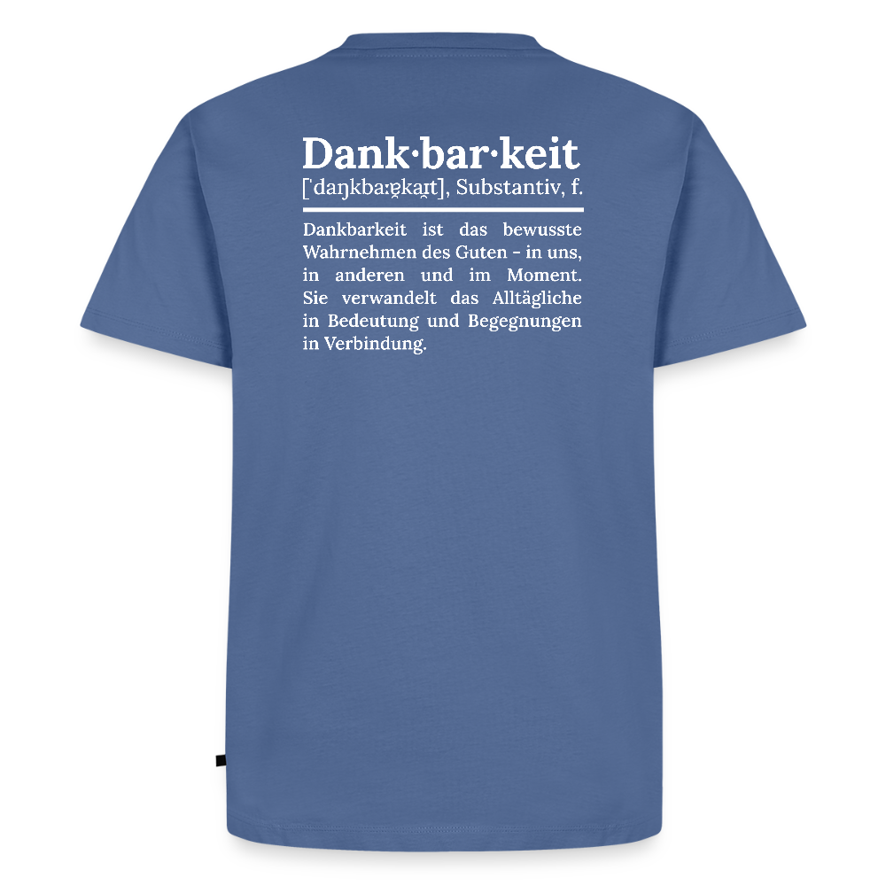 Design T-Shirt „Dankbarkeit“ für Herren aus Bio-Baumwolle, Farbe: blau – Dankfabrik.