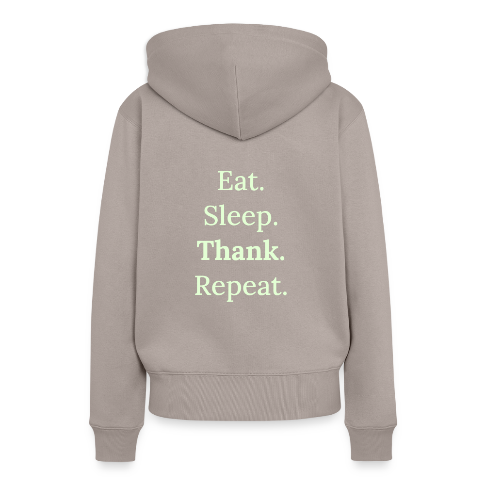 Design-Hoodie „Eat. Sleep. Thank. Repeat.“ für Damen aus Bio-Baumwolle, Farbe: beige - Dankfabrik.