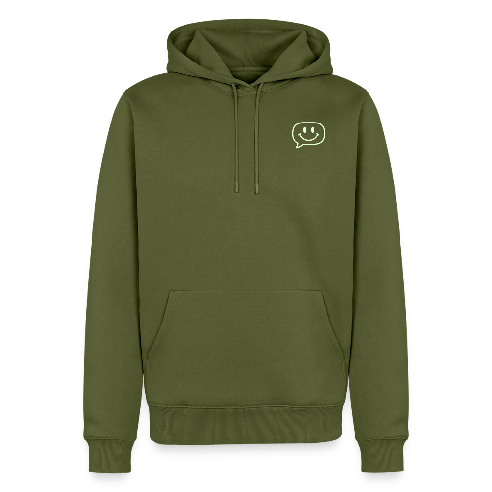Design Hoodie „Seid lieb zueinander“ für Herren aus Bio-Baumwolle, Farbe: khaki – Dankfabrik.